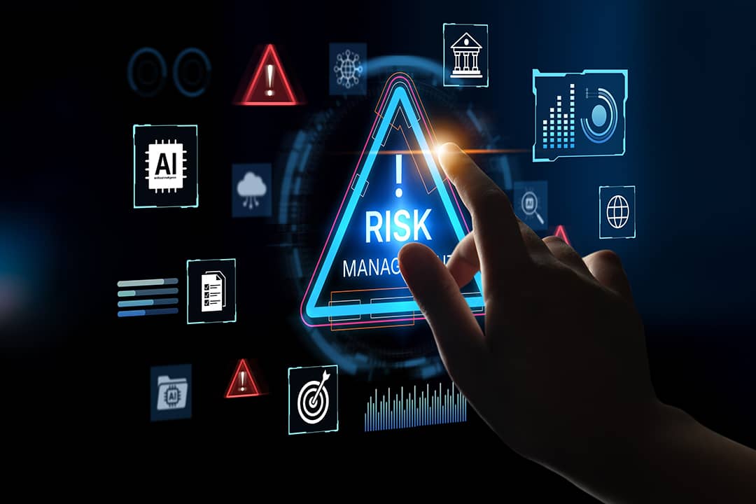 A futuristic risk management concept of AI agents analyzing assessment, compliance, and cyber resilience.